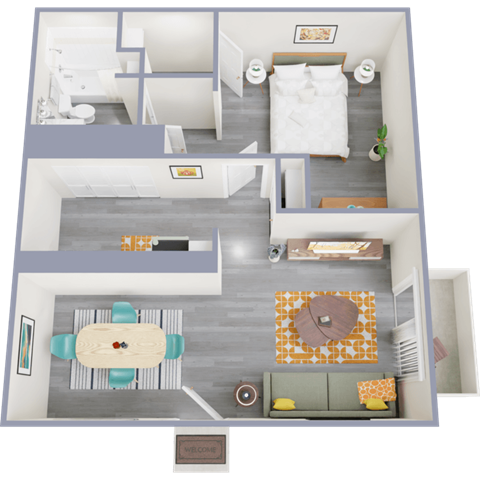 Floor plan for 1 bed, 1 bath, 596 sqft